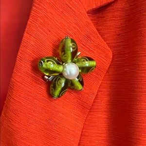 Green Floral Brooch with Pearl Center